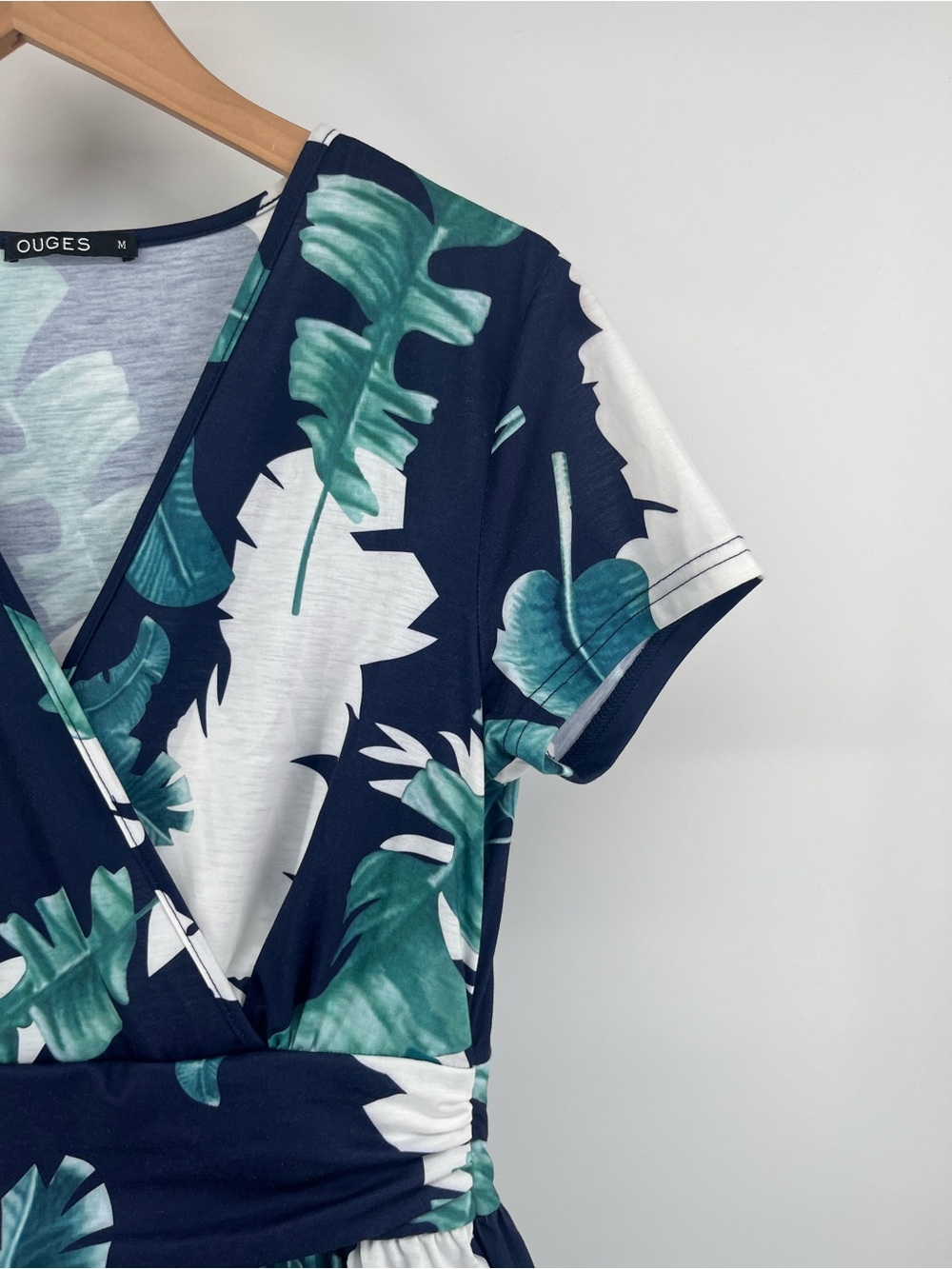 Tropical Palm Leaf Maxi Dress Medium Navy Blue White Resort Vacation Pockets - Picture 8 of 8